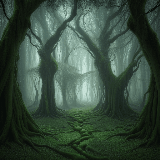 AI generated: Amidst the heart of a mystical enchanted forest ancient trees with gnarled branches stretch towards ...