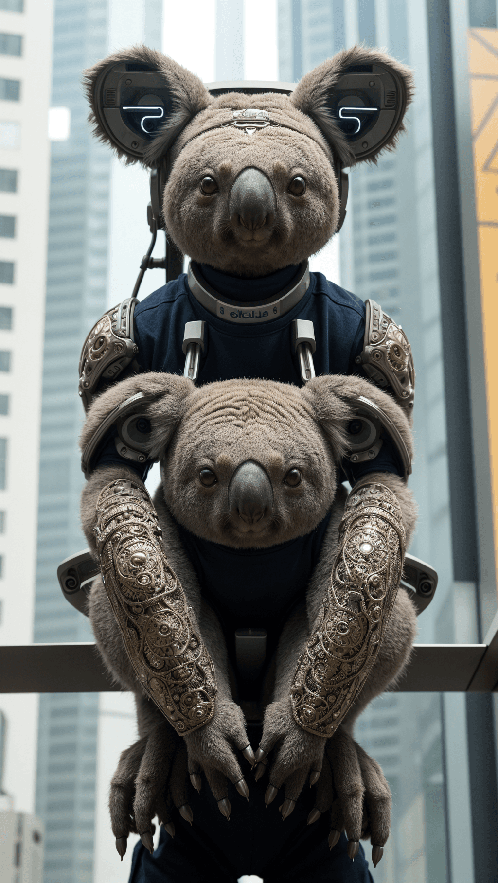 AI generated: a cute koalas, curious, cyborg , cyberpunk style, (intricate details), hdr, (intricate details), (hy...