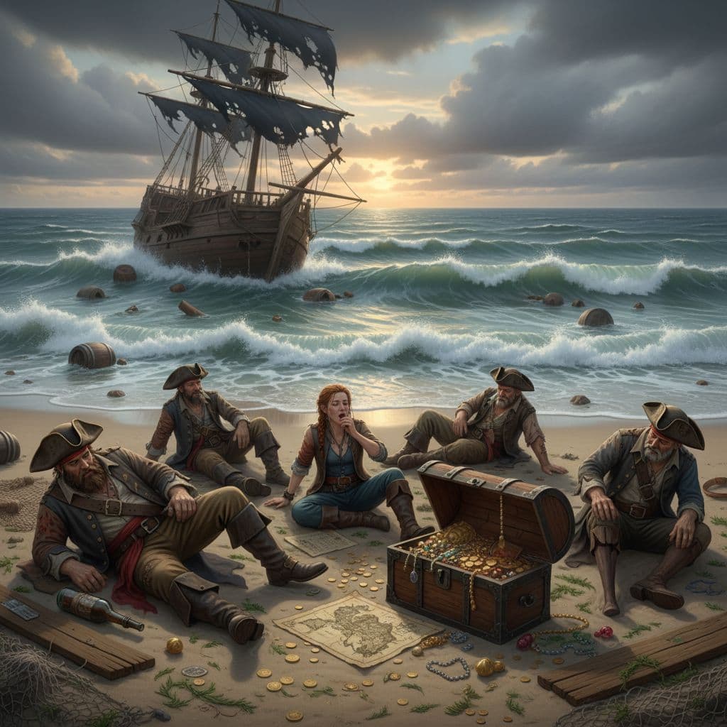 AI generated: Pirates washed up on the beach with their sinking ship in the background 