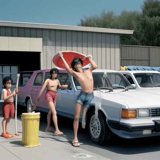 AI generated: Luffy is washing cars in 1986 carwash with his minions.