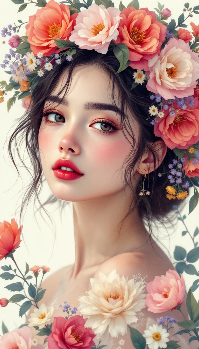 AI generated: picture of a girl dressed in flowers, in the style of artgerm, loose linework, lush and detailed, de...