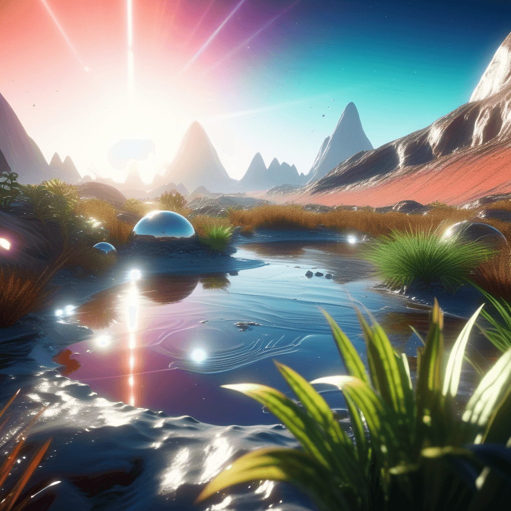 AI generated: Surface of an alien planet with plants and wildlife, haze, beautiful,shiny,lensflare