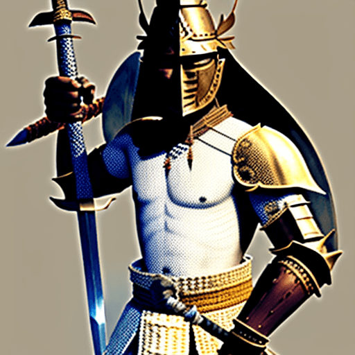 AI generated: Majapahit warrior, full armor, bronze, keris and sword, 