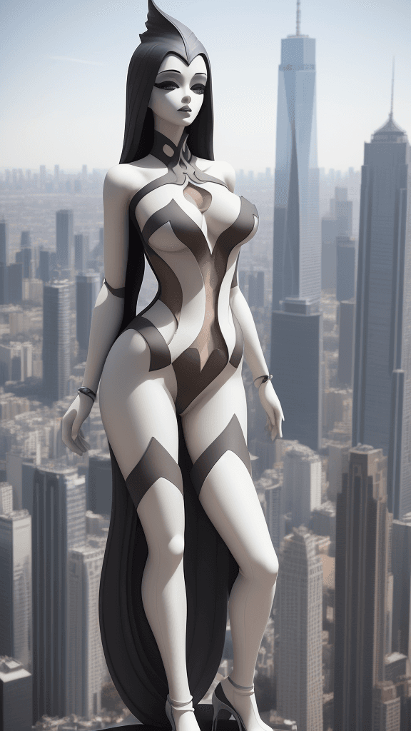 AI generated: adorned in 
easy access cutouts
poses open atop a towering skyscraper
her flawless
symmetrical figur...