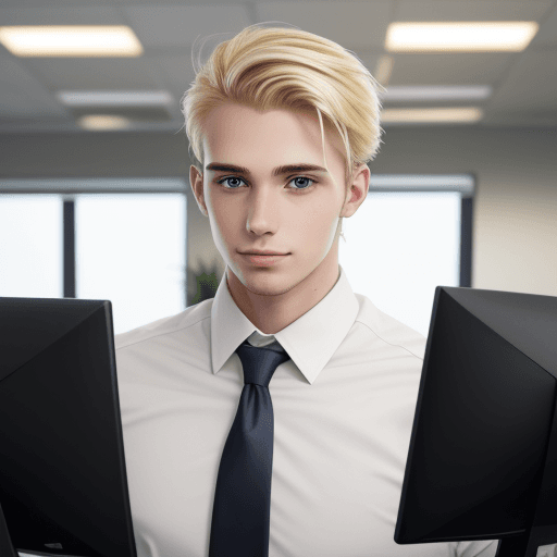 AI generated: photo of a male, blonde IT professional with a tie standing in an office