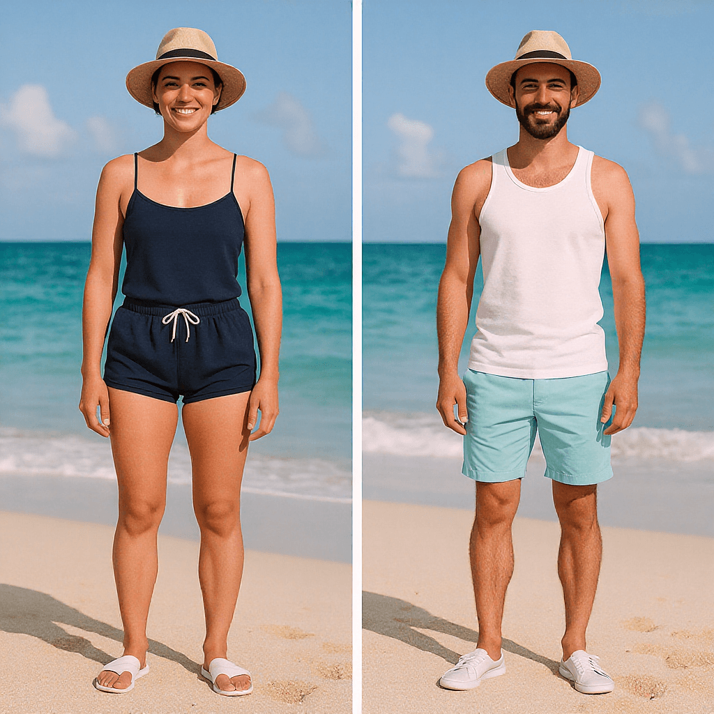 AI generated: Change the outfit into swimming trunks, as in beachwear.