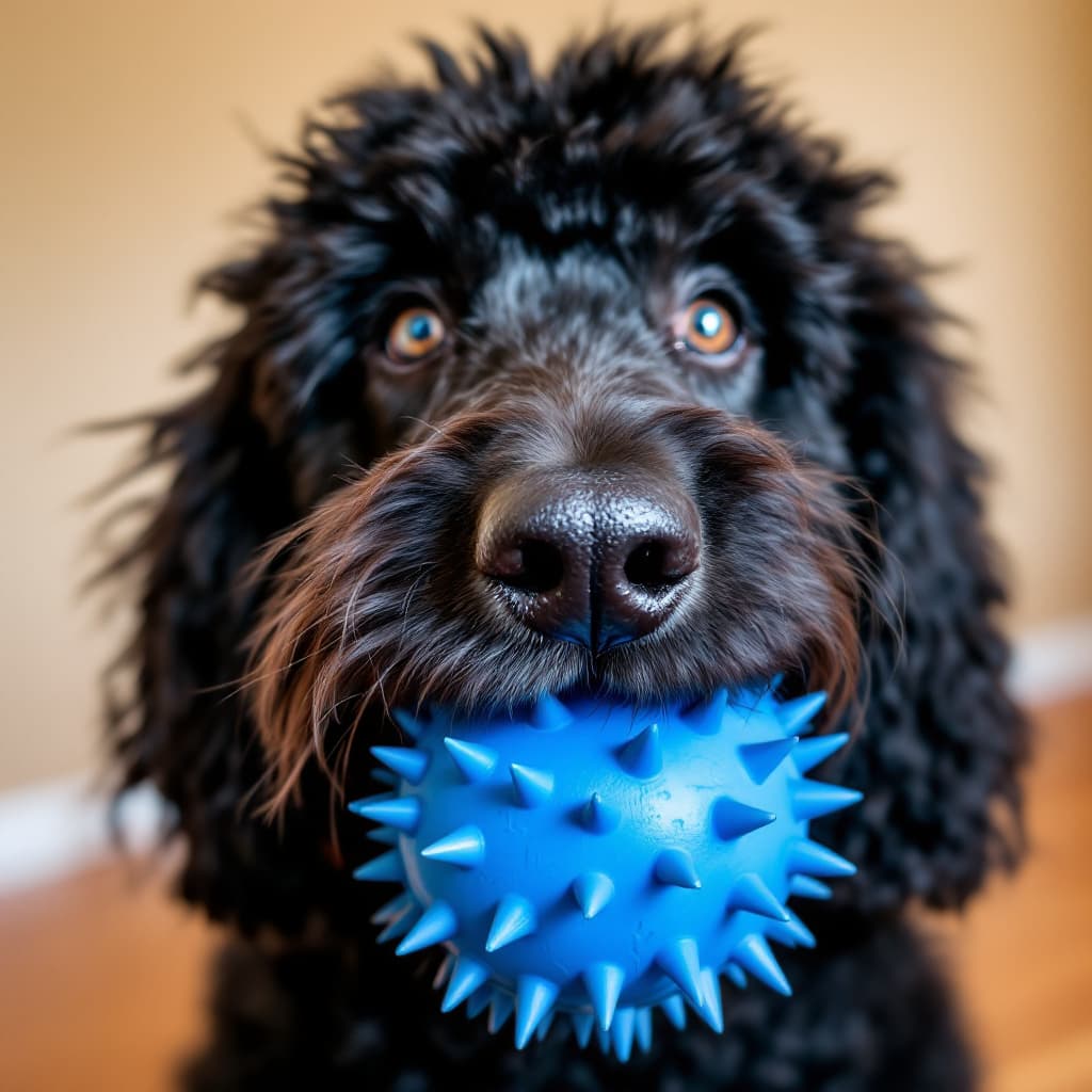 AI generated: A close-up portrait of a black dog with curly hair, holding a blue toy in its mouth. the dog appears...