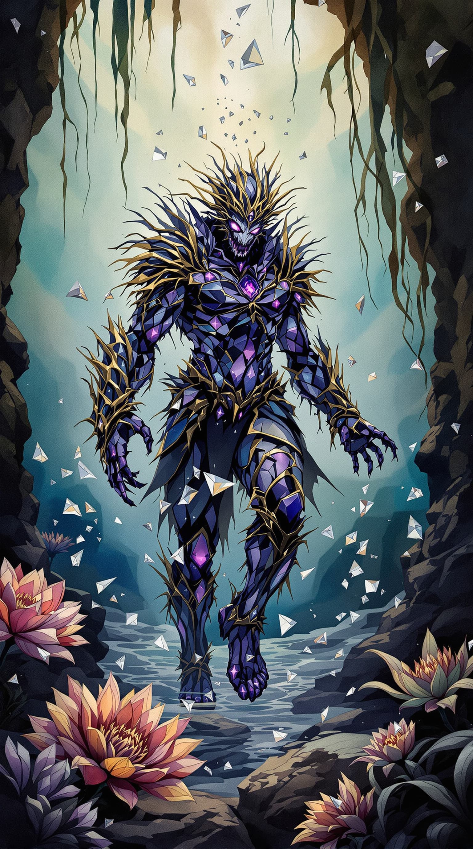 AI generated: Image is a cinematic, moody watercolor ink wash illustration featuring ((broken  Alebrije's pottery ...