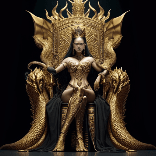 AI generated: A very beautiful queen sitting on a black throne made of gold, with a serpent-dragon like elements a...