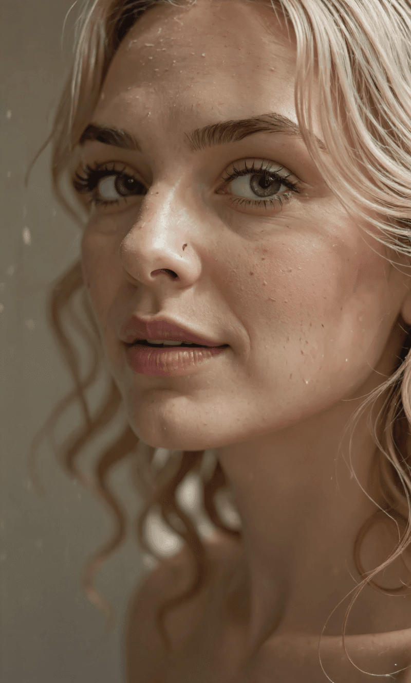 AI generated: Photo realistic macro shot of the uploaded woman's face with shallow depth. Camera from 3/4 angle, v...