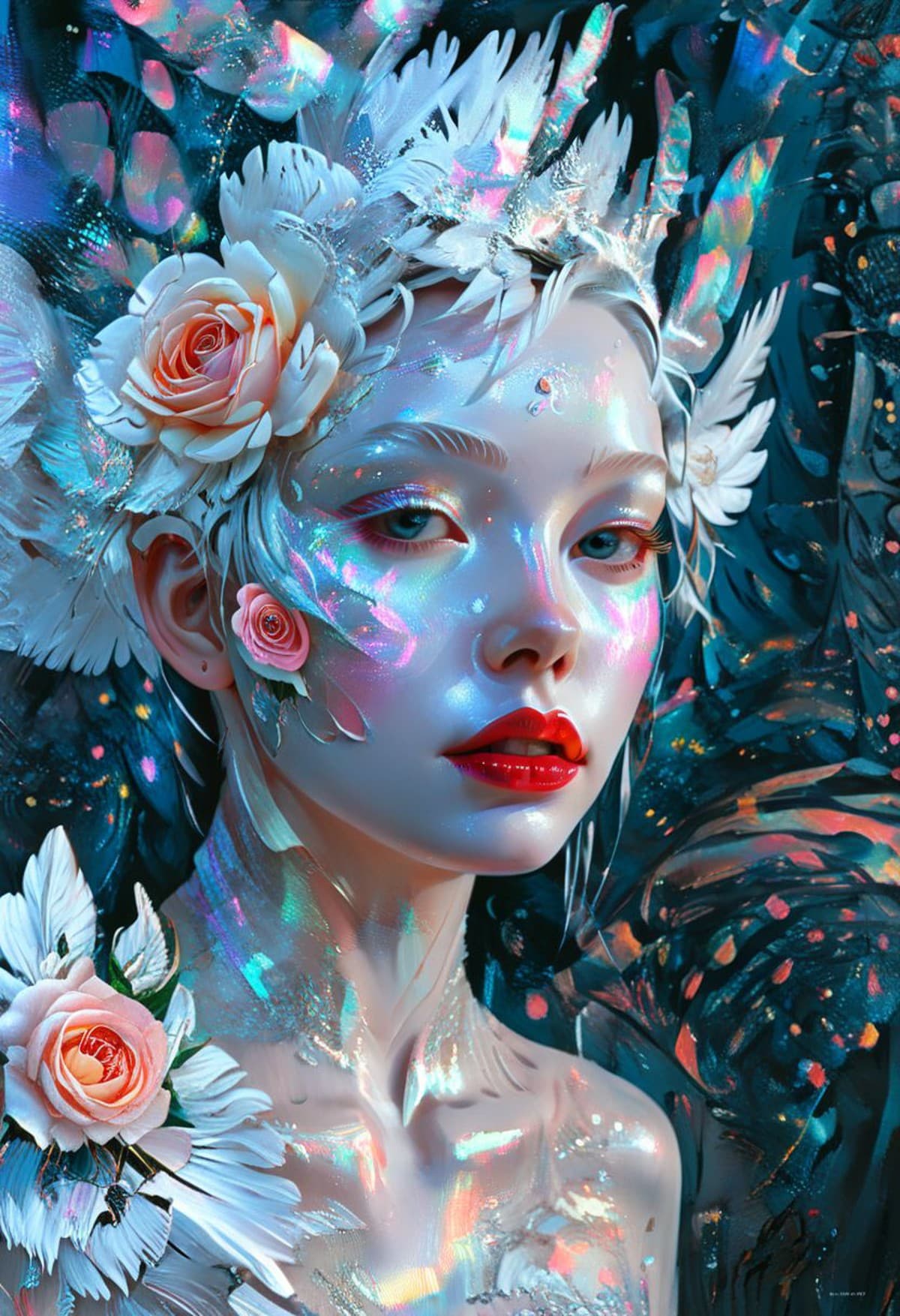 AI generated: Oil painting art , (Illustration of a woman with holographic skin, deep red lips and white hairs), a...