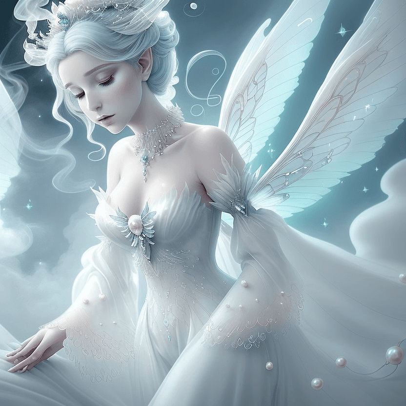 AI generated: A fairy queen of the clouds, elegant, with wings that seem made of smoke. Dressed in white, pearly s...