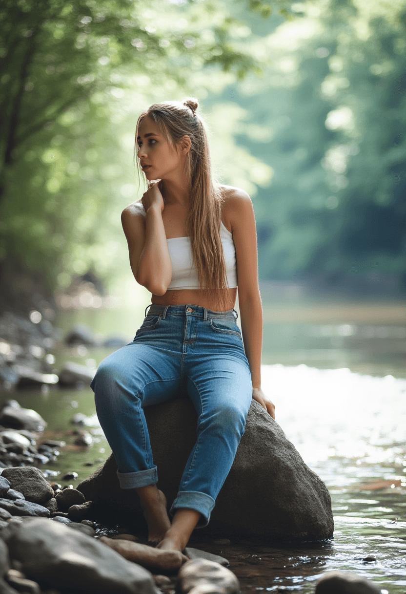 AI generated: A fit adult woman with long blonde hair tied back is seated on a large rock near a serene river. She...