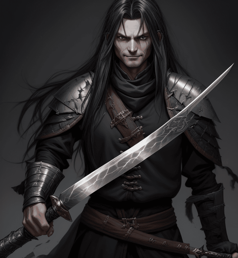 AI generated: dnd Swordmaster with a longsword, long messy black hair with gray highlights, damaged clothes, with ...
