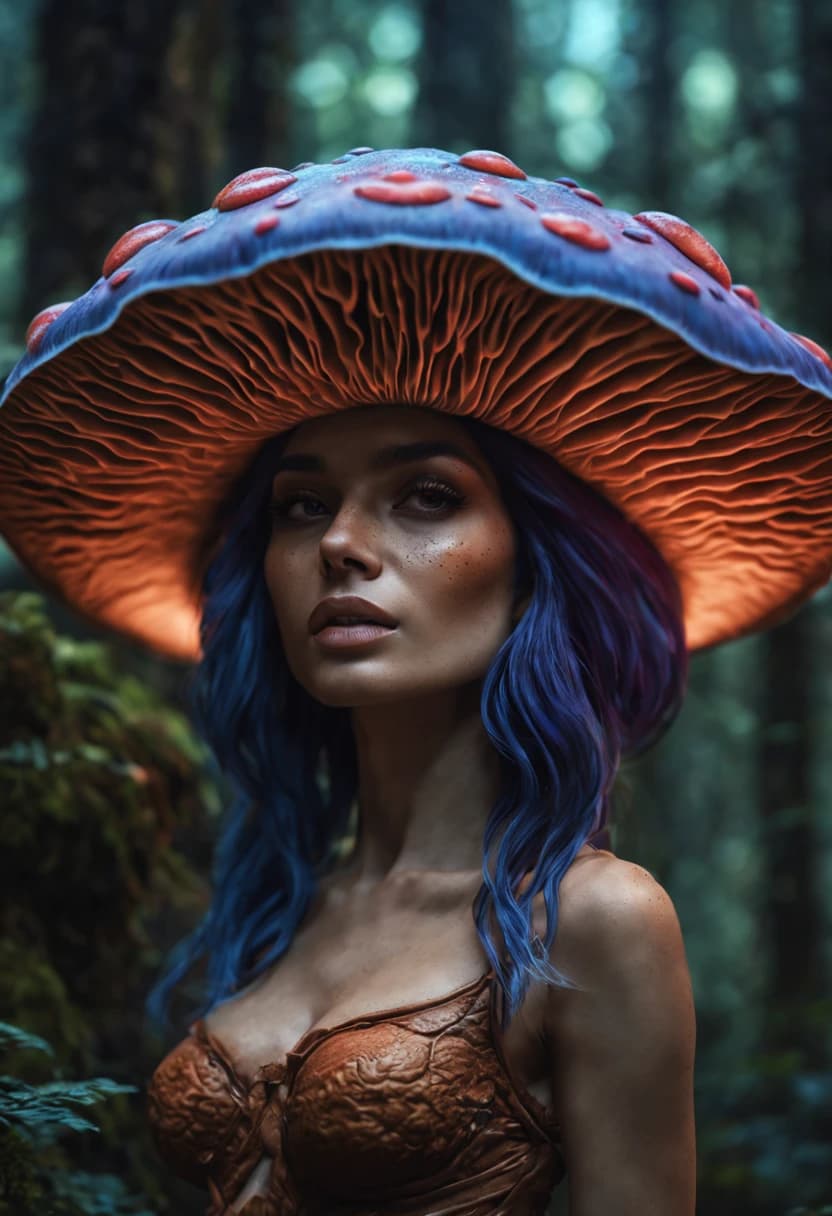 AI generated: a biormorphism female,glowing,mushroom,in gradient vibrant colour,magical forest,majestic,mushroom e...