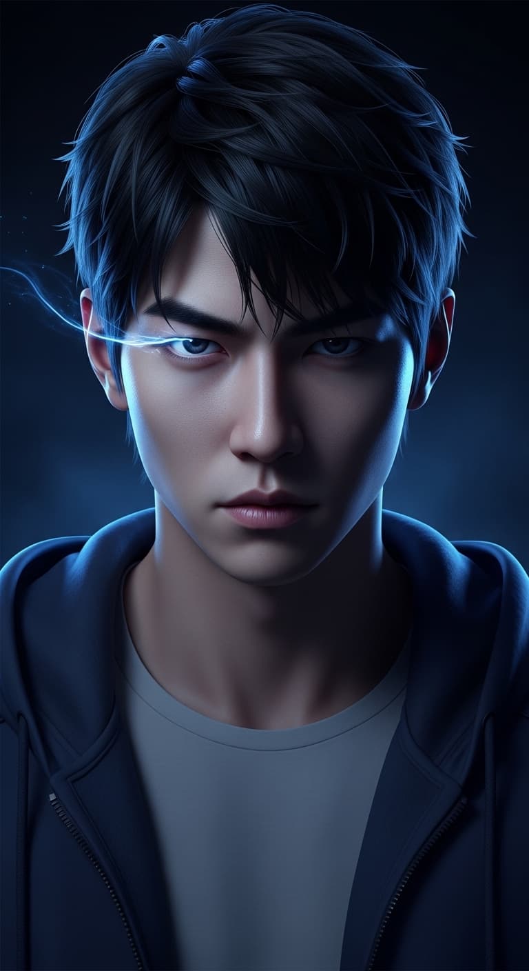 AI generated: A photo-realistic portrait of Sung Jin-Woo from Solo Leveling, looking intensely at the viewer with ...