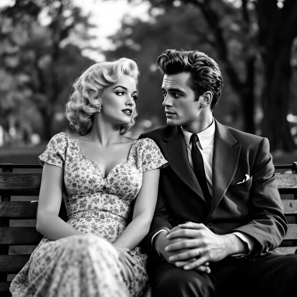 AI generated: Marilyn Monroe and Young James Dean during the Cuban missile crisis are sitting on a parkbench in ce...