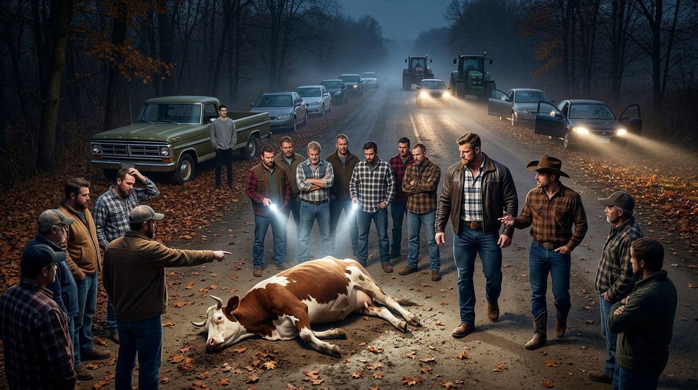 AI generated: In an Autumn night. The vintage olive green Ford pick up truck is parked between the other cars. All...