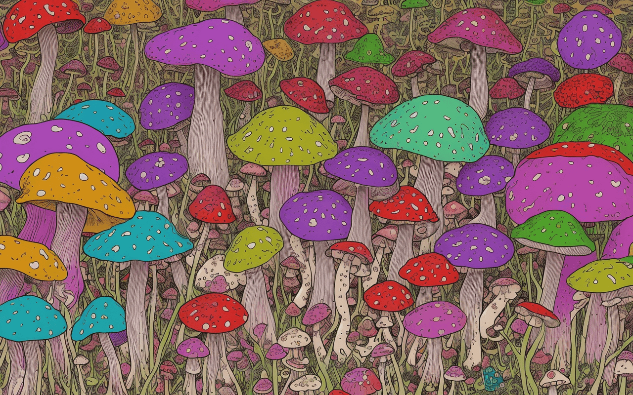 AI generated: color psyhodelic art,mushrooms,lsd,trip,frogs,scull,color, by Geof Darrow