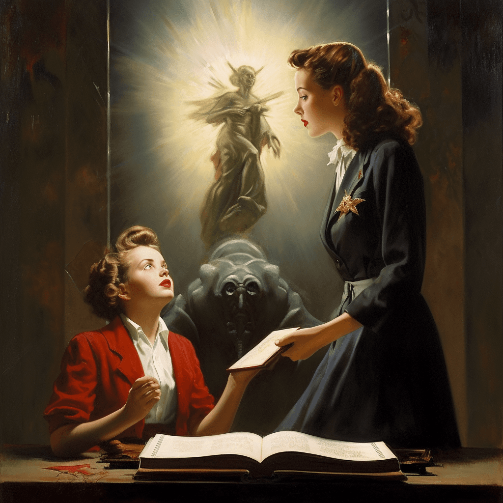 AI generated: woman prays to a false god, 1955