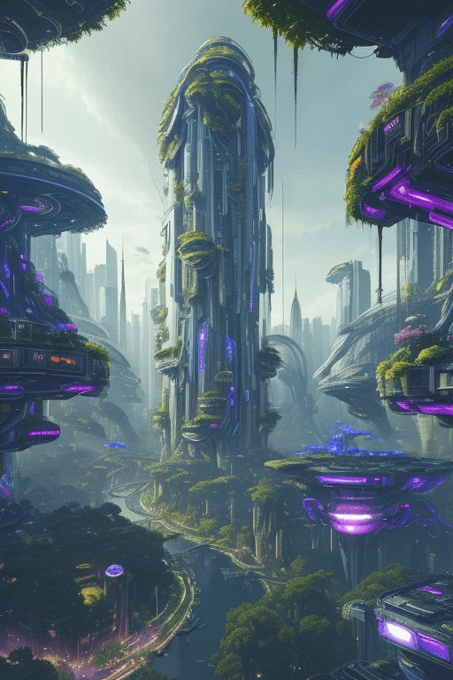 AI generated: a view of a city with a lot of trees and bushes, garden, flying objects beautiful city of the future...