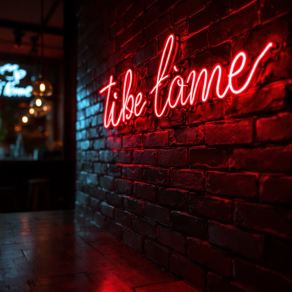 AI generated: hyper realistic red led tube writing in a bar with brick tiles slanted from the side with the text -...