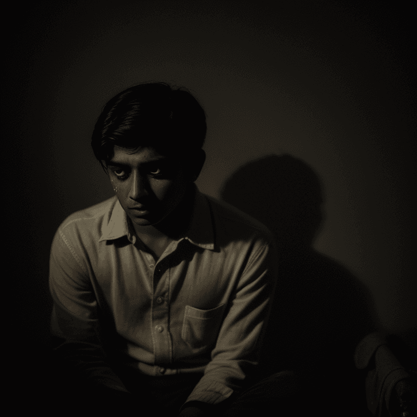 AI generated: A ((best quality)) portrait of a very lonely and sad young man. he has little bard. he is a south as...