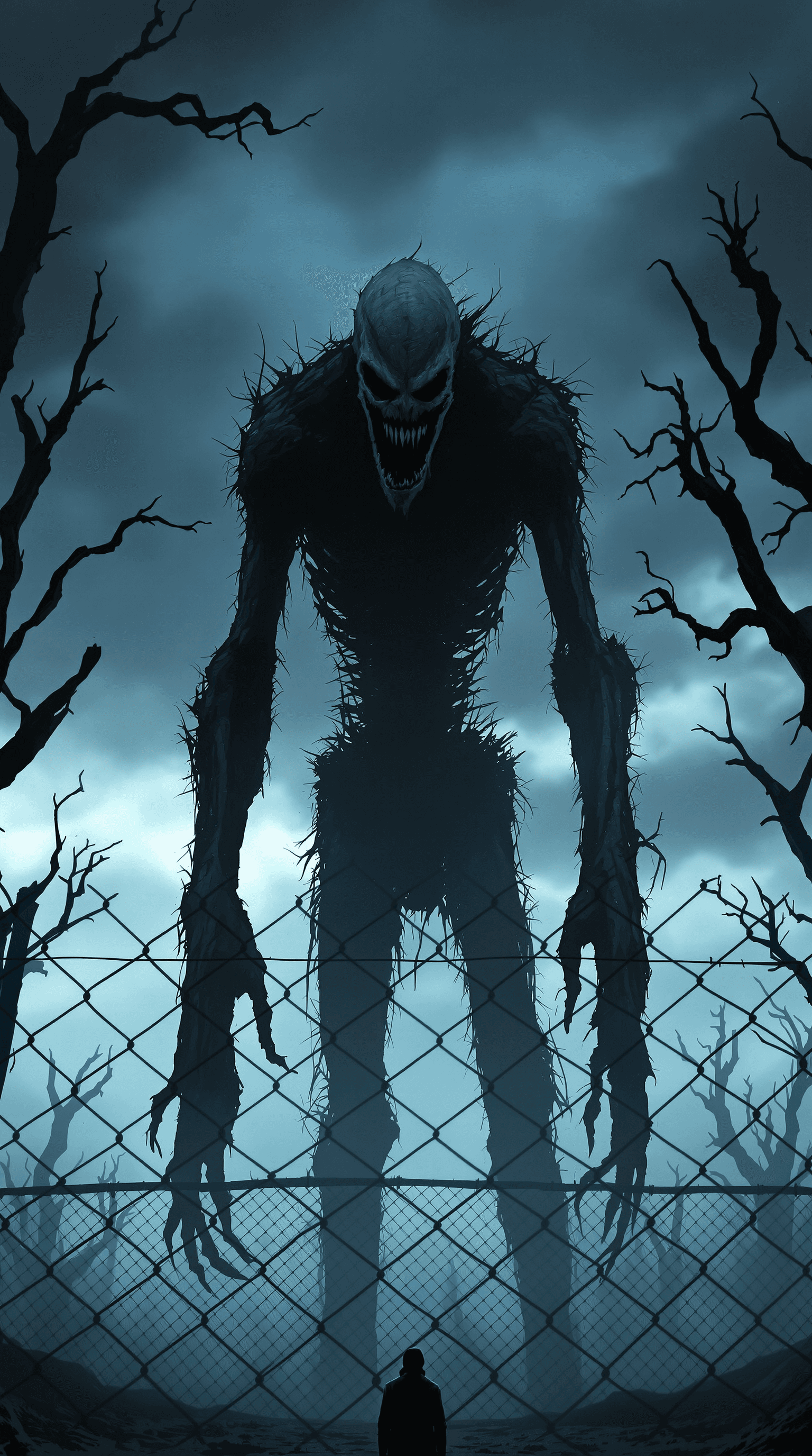 AI generated: A terrifying **shadowy humanoid creature**, towering ominously behind a **chain-link fence**, silhou...