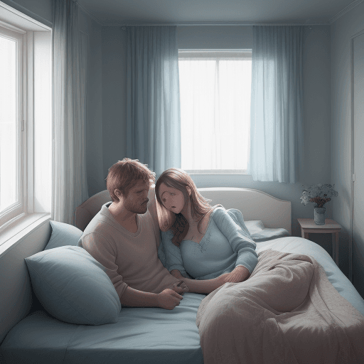 AI generated: High resolution photograph of two people in bed, the first sleeps and is seen out of focus, the seco...
