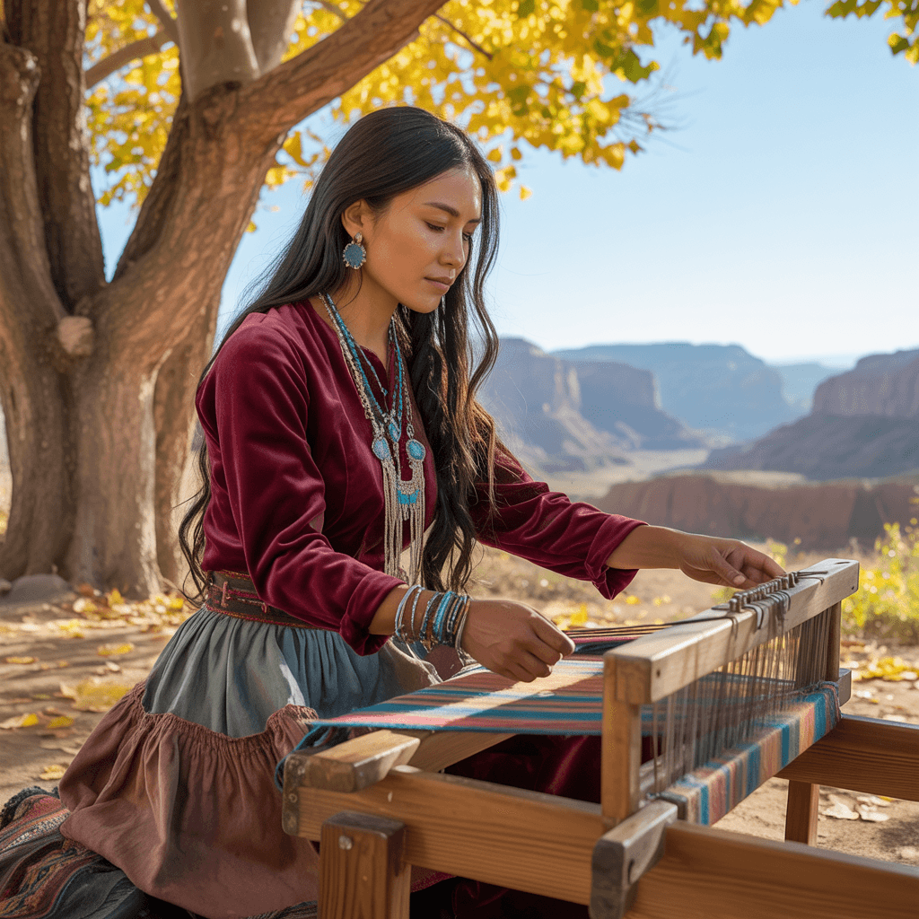 AI generated: A photorealistic scene featuring a Navajo woman seated gracefully beneath the golden canopy of a pop...