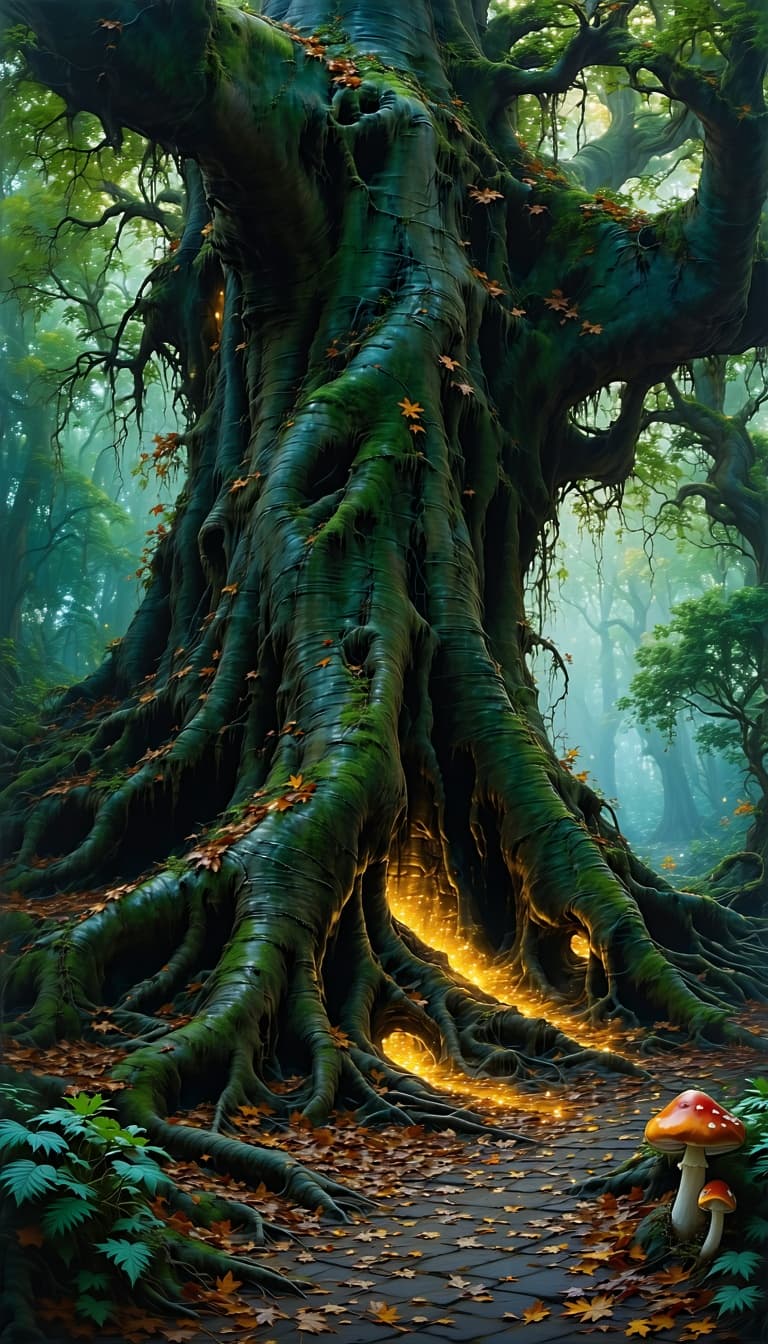 AI generated: A colossal, ancient tree with roots that twist like serpents, its autumn leaves glowing with an inne...