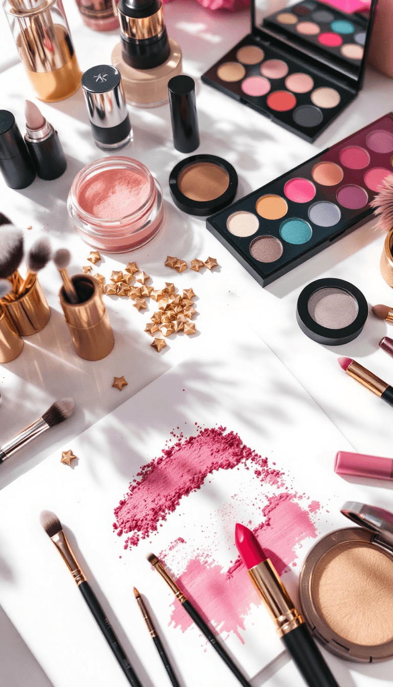 AI generated: a table with makeup products like brushes, eyeshadow, lipstick, and more --ar 2:3 --v 6.0
