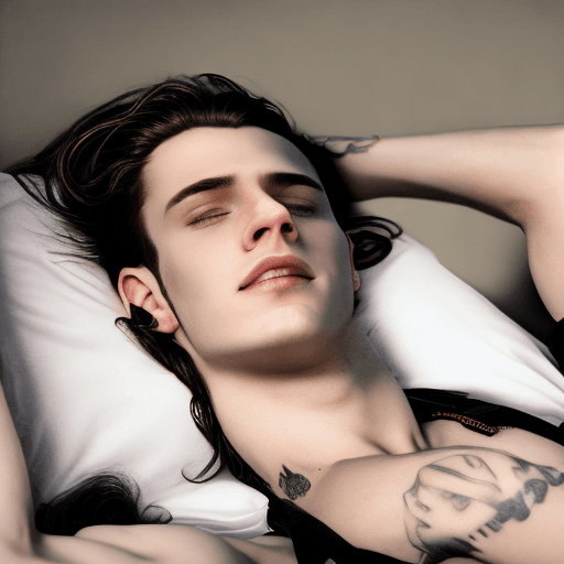 AI generated: Ultra-realistic photograph of a young man reclining with a serene expression. He has radiant golden ...