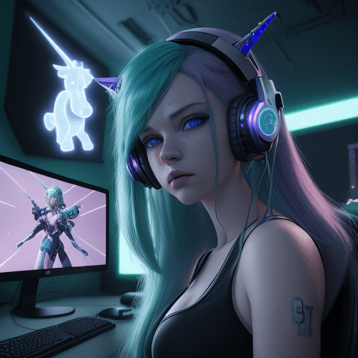 AI generated: Girl with emerald hair, headphones on her head, blue eyes, flying plush cartoon glowing unicorn on b...