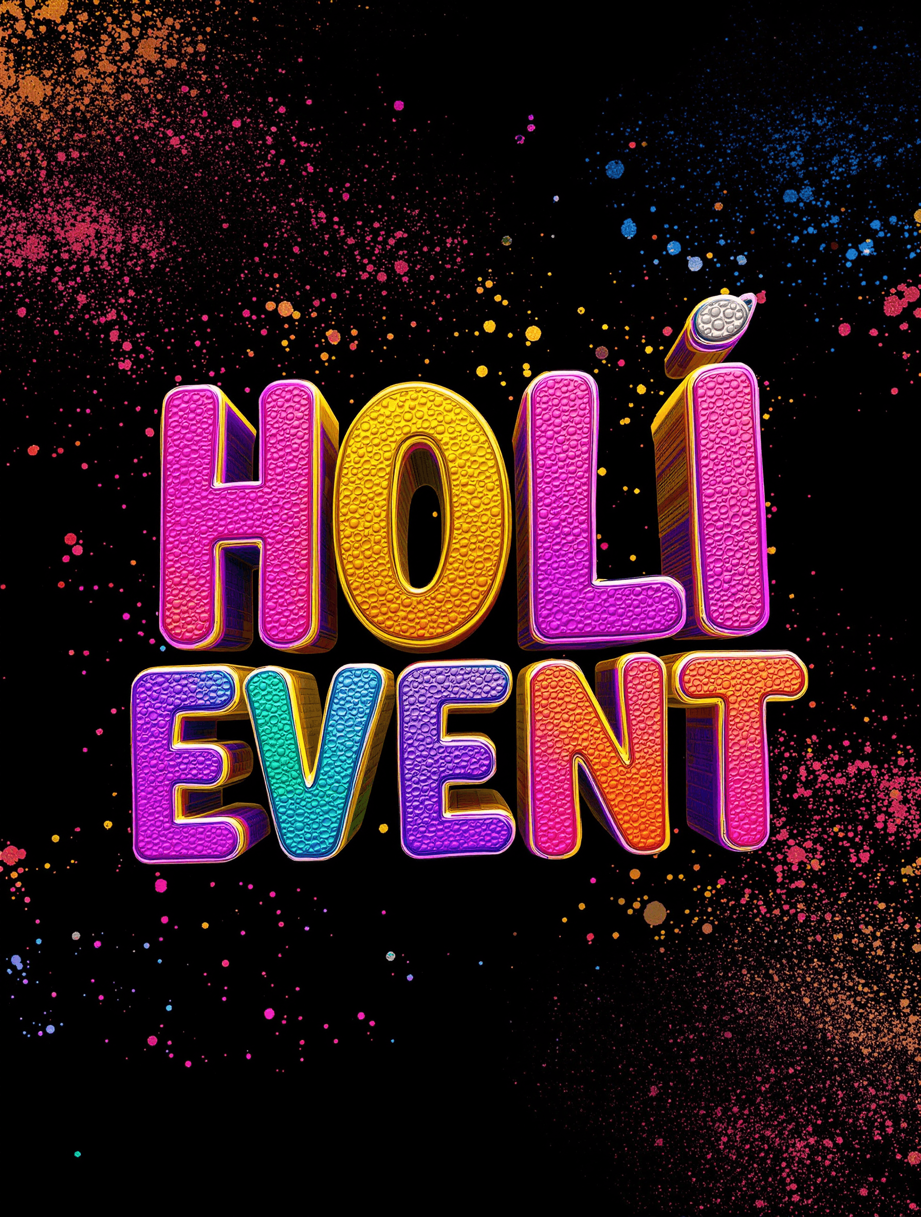 AI generated: Colorful 3D text, "HOLI EVENT," in vibrant, textured capital letters.  Letters are rendered with a t...