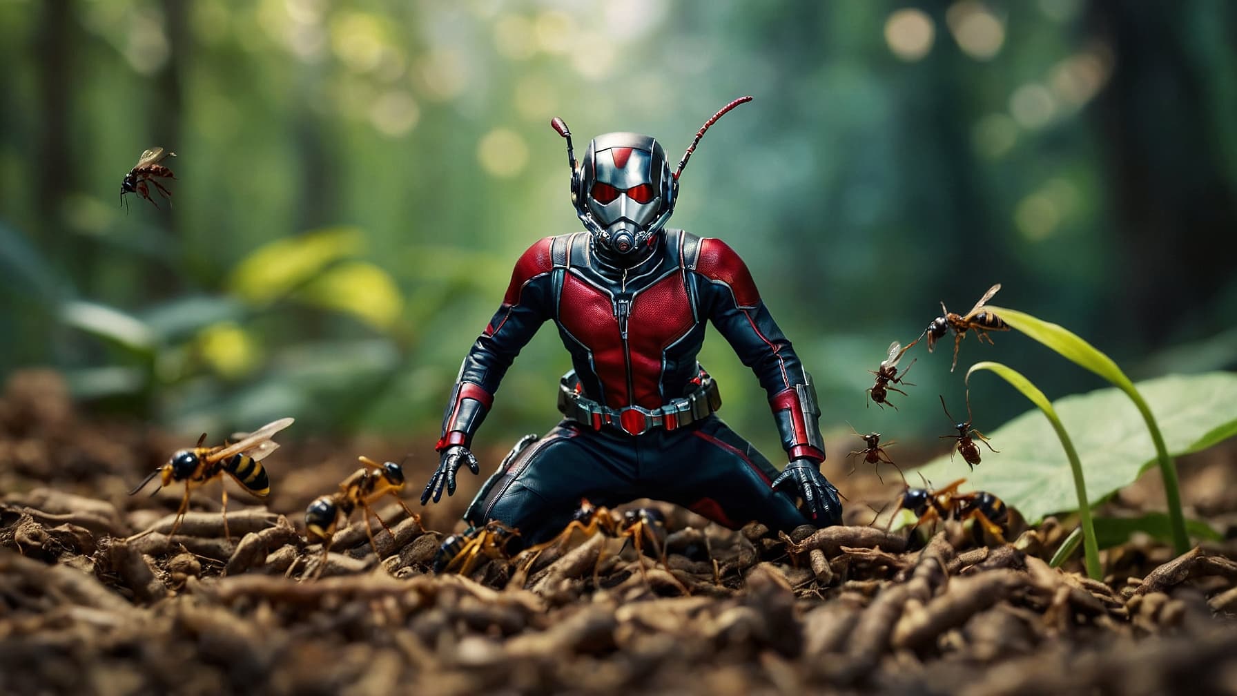 AI generated: Ant-man hero mounted in a wasp in the middle of many ants and wasps in a forest running away, Marlve...
