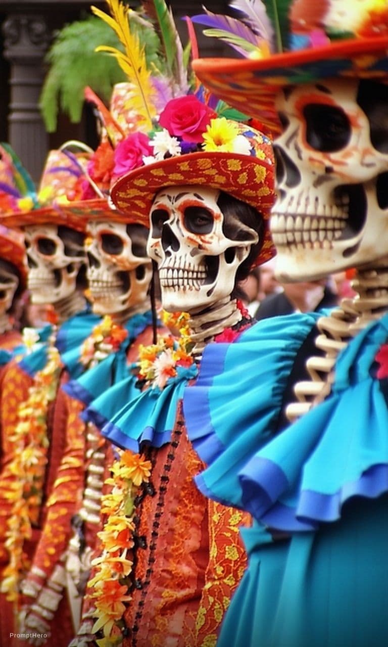 AI generated: Dias de los Muertos Parade in Mexico City, high-resolution photography, ultra-realistic --ar 1:2 --s...