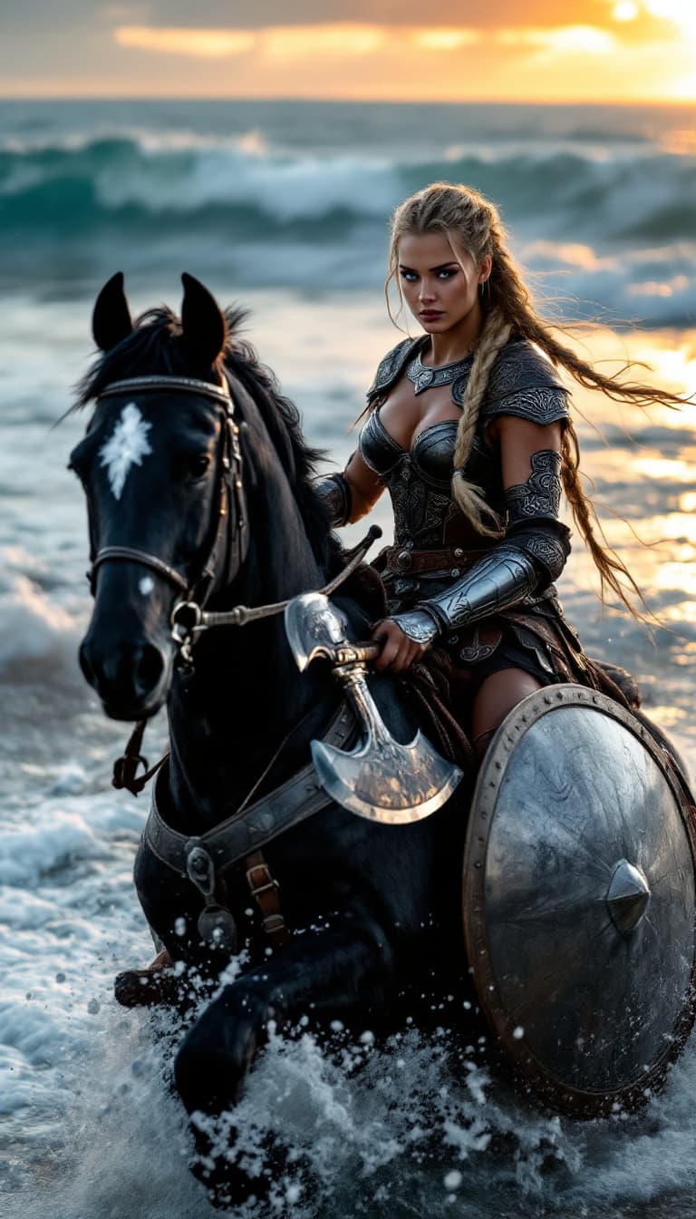 AI generated: A powerful Viking warrior woman with braided blonde hair, wearing intricately detailed leather and s...