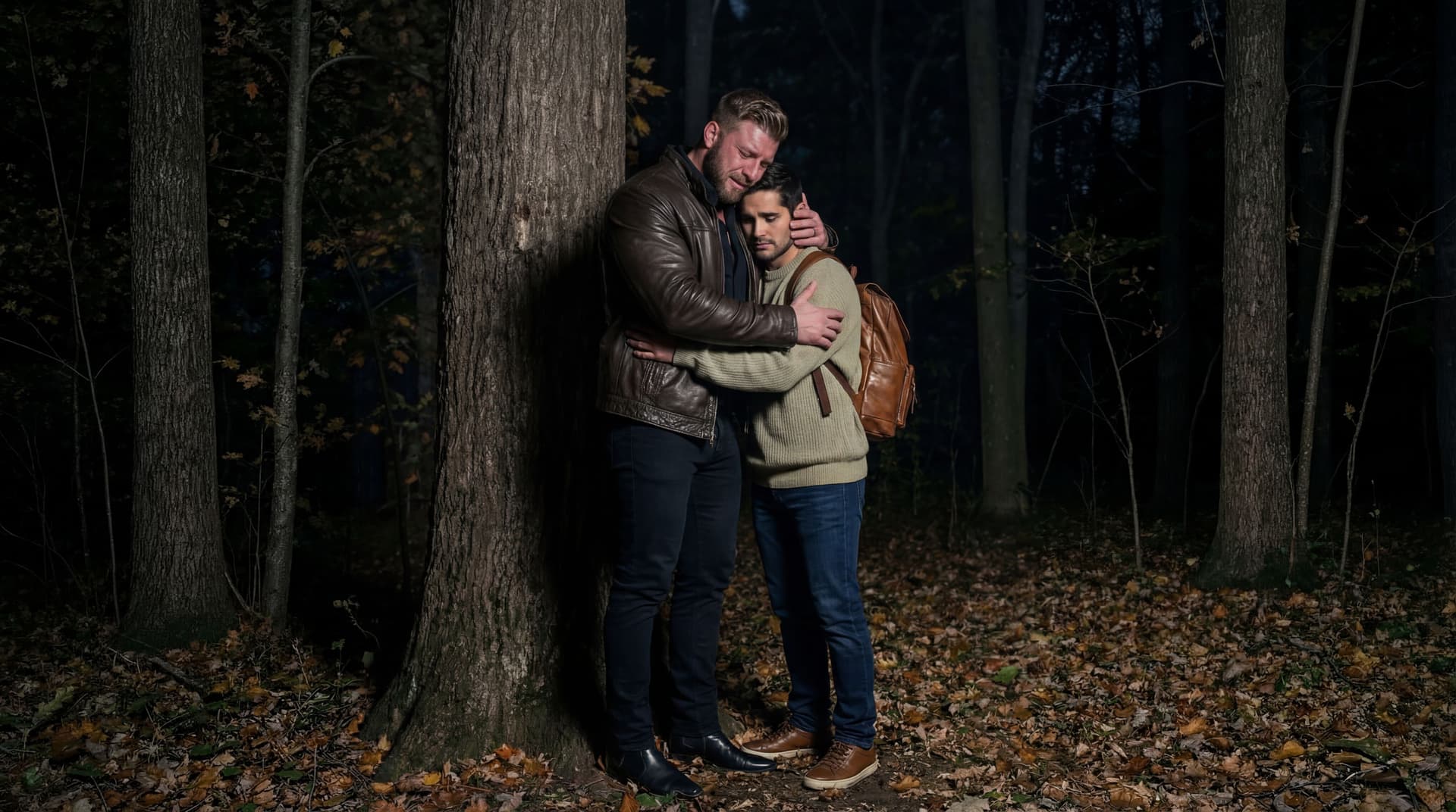 AI generated: On a Autumn night outside under a wooden area full of trees.

The bodybuilder is 6 feet 5 inches tal...