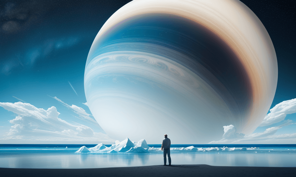 AI generated: A man stands on the beach, looking at Saturn in space, a huge planet with rings and ice sculptures o...