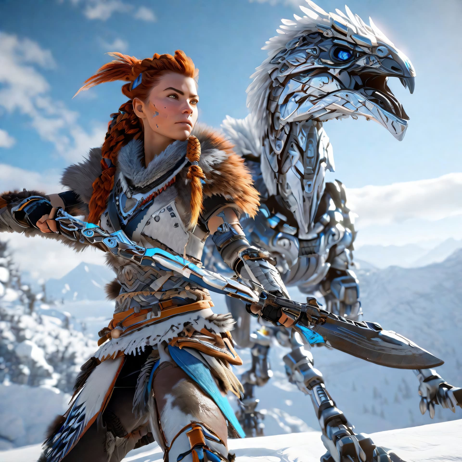 AI generated: Aloy from Horizon Zero Dawn in the snowy norse mountains, fighting a robotic raptor from Horizon Zer...