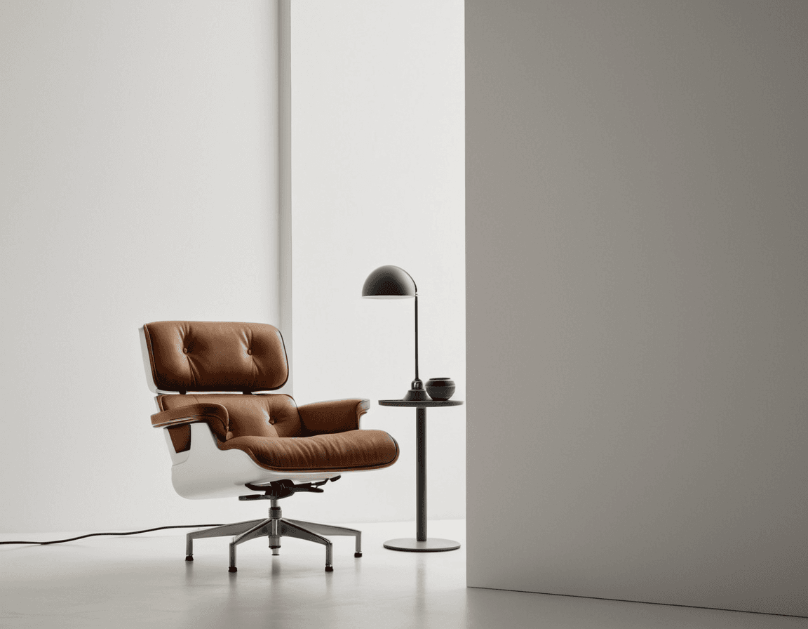 AI generated: minimalistic chair, white studio setting, a Hasselblad X1D II 50C 90mm lens, texture and fine stitch...