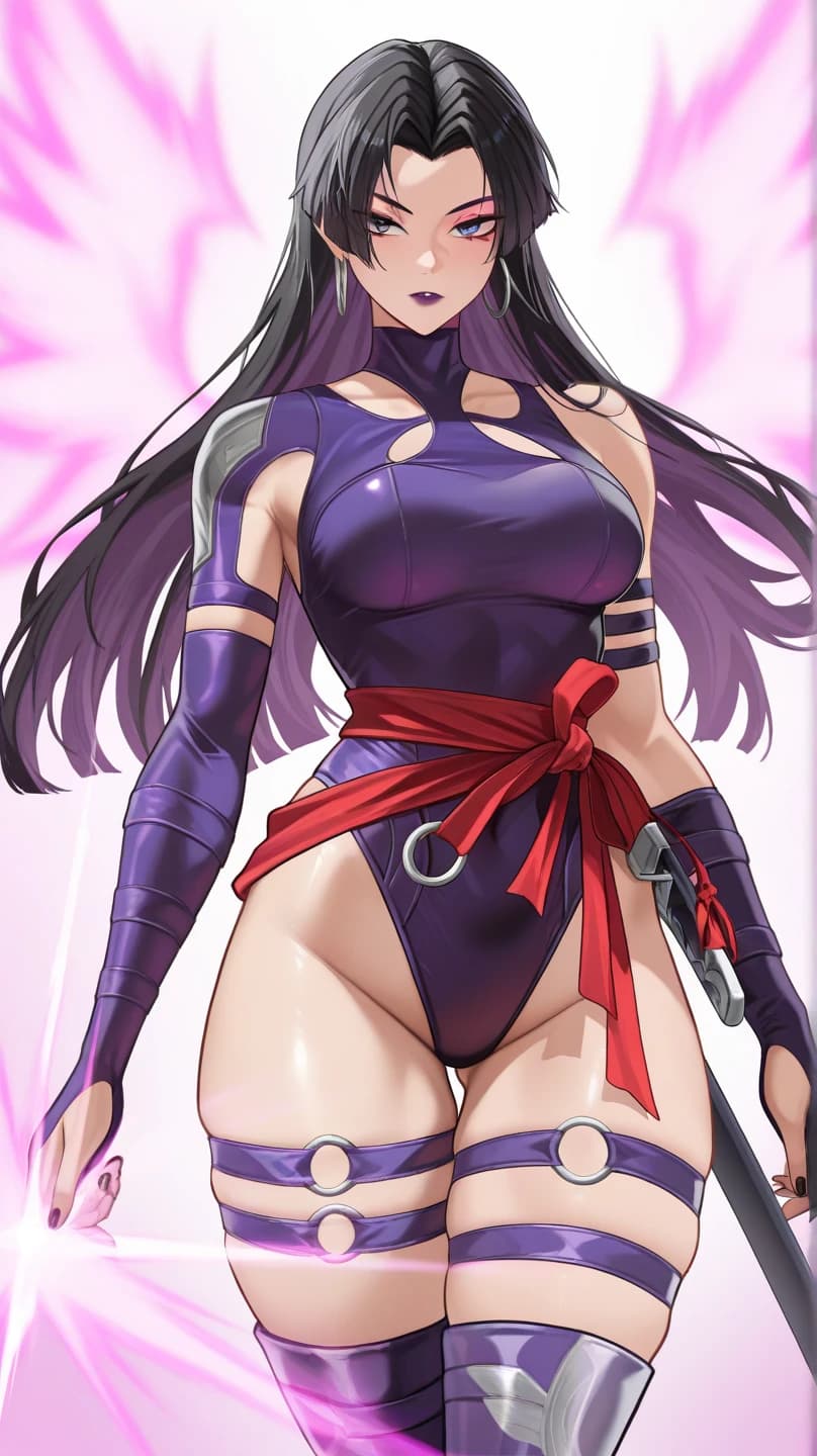 AI generated:  psylocke_venganza, ojos azules, pelo negro, cabello liso, cabello largo, aretes de aro, joyería, ma...