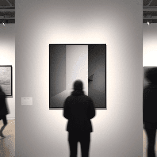 AI generated: person seen from behind wandering through an exhibition. Only the upper body can be seen. the person...