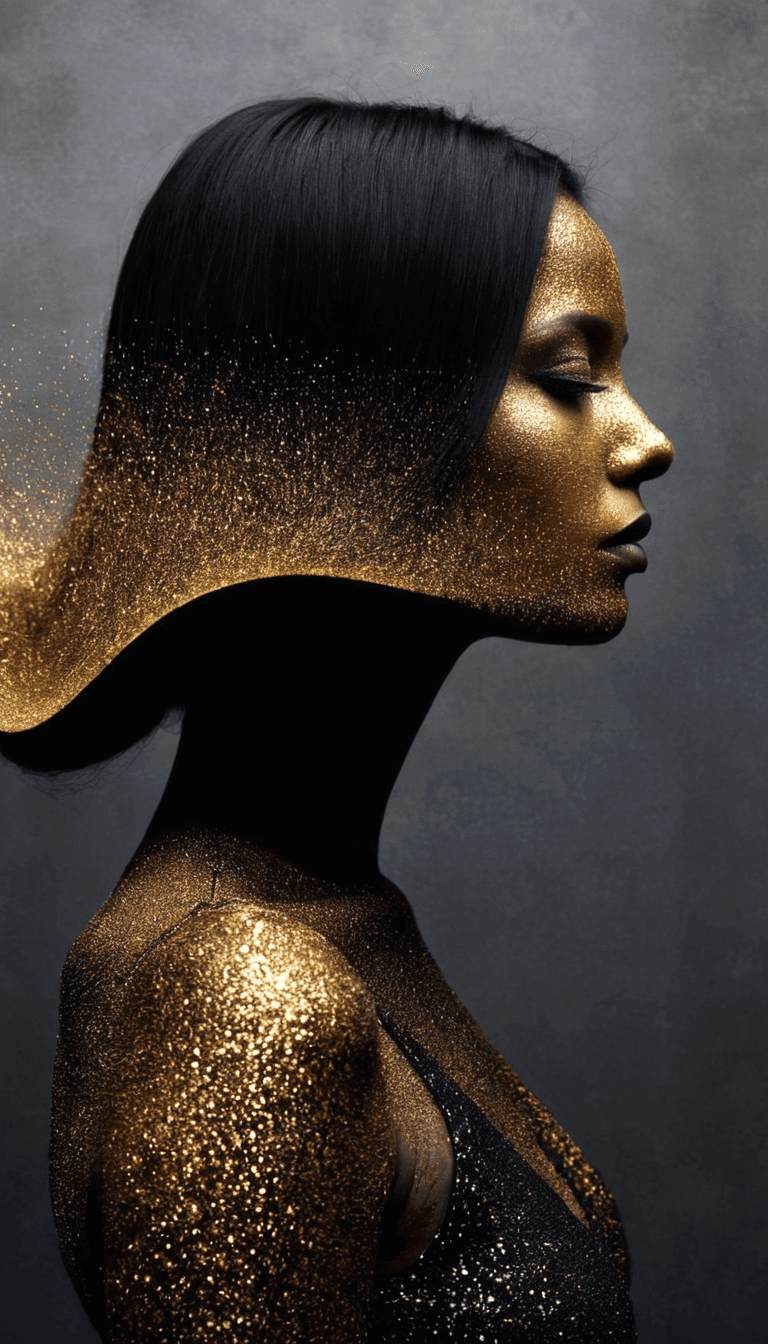 AI generated: fashion editorial, a beautiful mystic woman is studio lights with abstract hair in gold glitter pain...