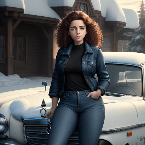 AI generated: Woman leaning on a Mercedes SW140 with snow covered background Realistic background, realistic anima...