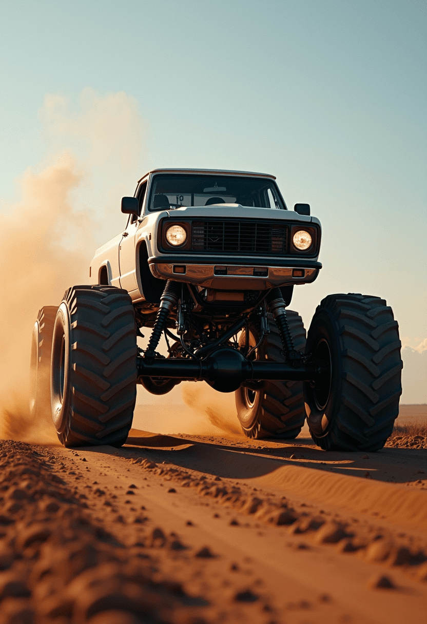 AI generated: photography, sports shooting, dynamic range, dynamic motion with Monster Truck driving towards camer...