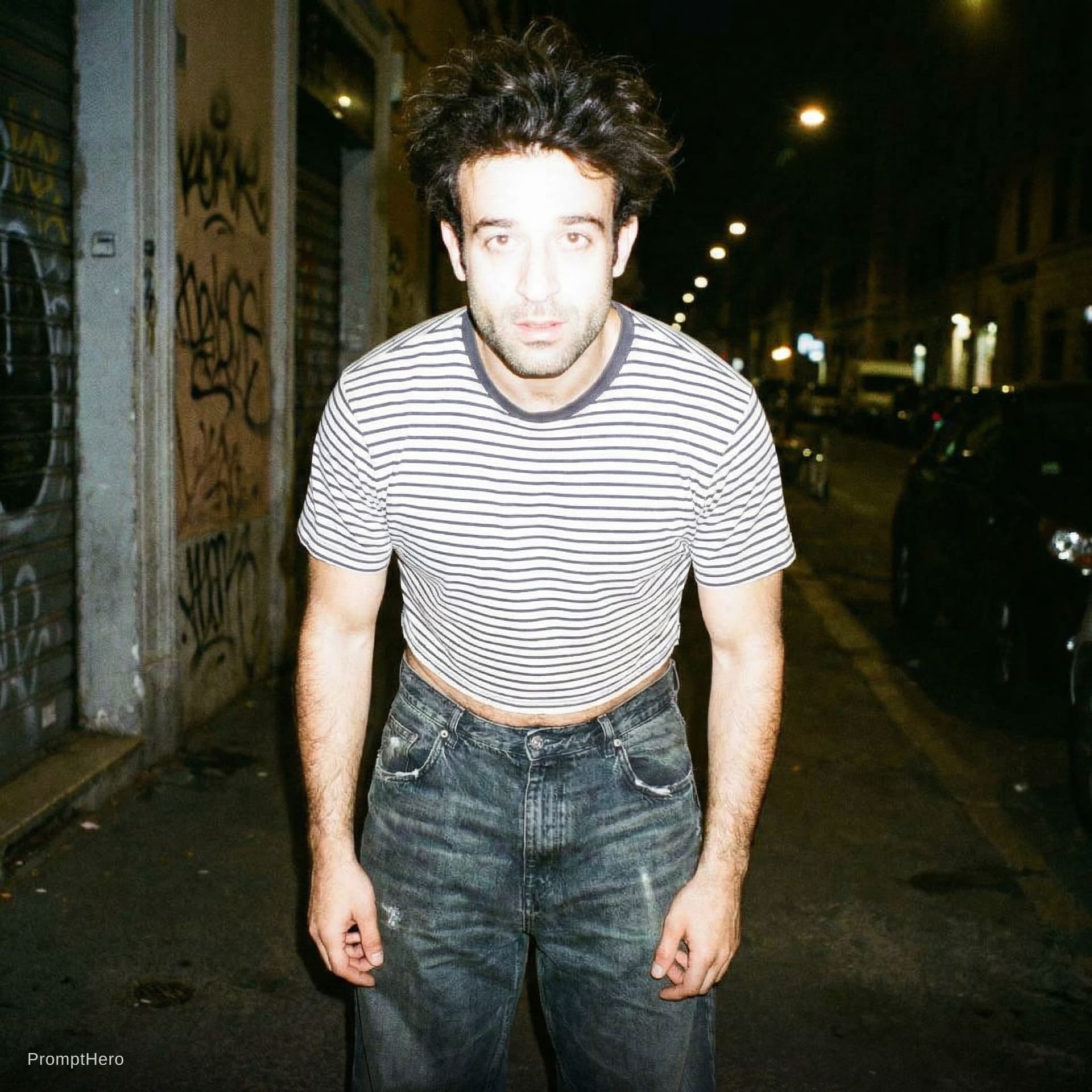 AI generated: "A raw 90s disposable camera snapshot of a stylish young man, grainy texture, saturated colors, hars...
