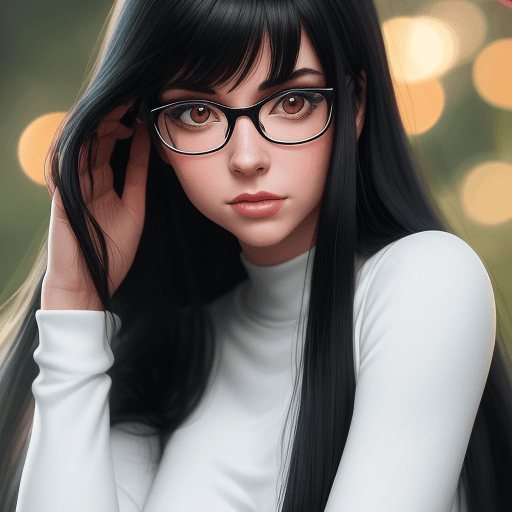 AI generated: professional portrait, Kind, tender girl , velma from scooby-doo, long black hair, a girl wearing ey...
