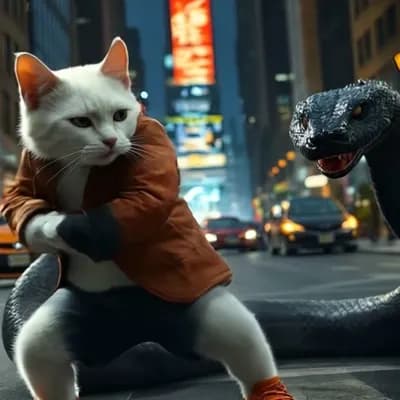 AI generated video: Cat fighting with a giant black cobra in speed,on the street of new york at night,